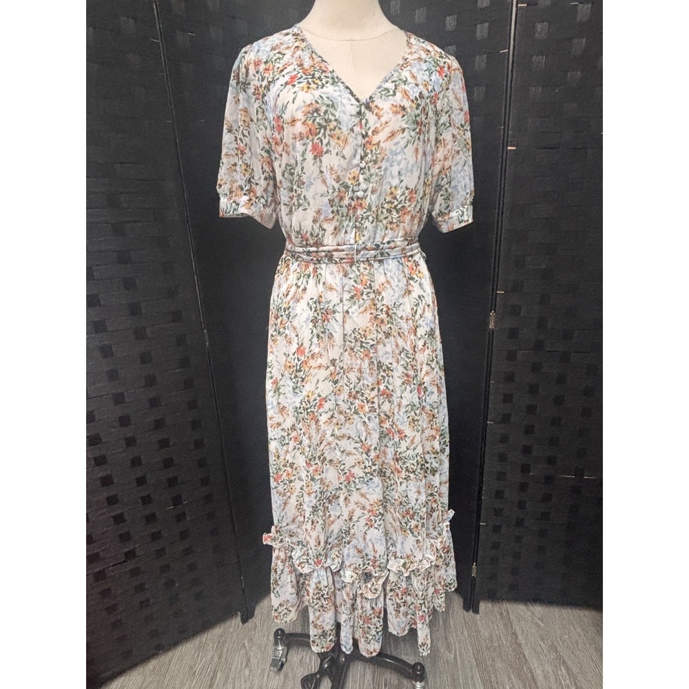 Calvin Klein Womens 12 Maxi Dress White Floral Ruffle Hem Boho Garden Party